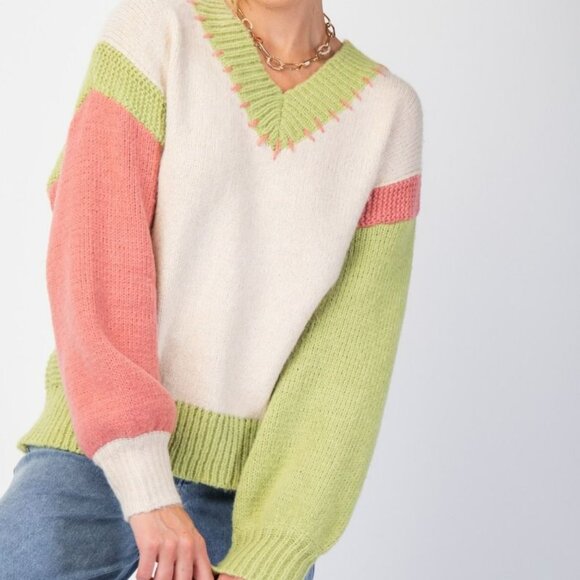 NWT Easel Color Block Knit Pullover Sweater In Oatmeal - Picture 4 of 5